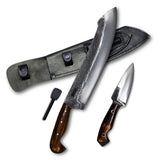 Conjunto Sampaio Facão 12'' e Faca 4'' em Aço Carbono, Cabo em Madeira Marrom com Pederneira, Brut Polido