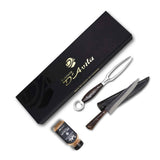 Conjunto Churrasco 8'' em Aço Inox, Cabo em madeira, Faca Florão, Garfo e Sal, BrutforjPolido