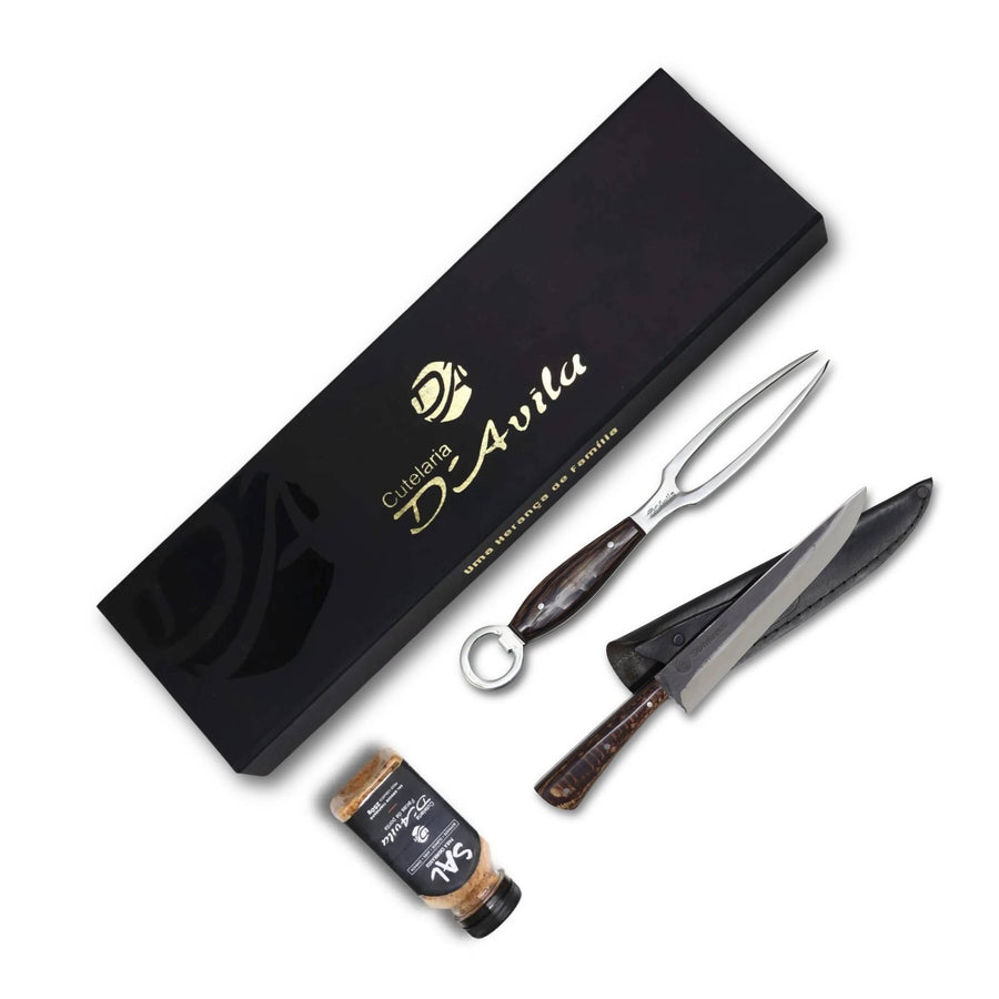 Conjunto Churrasco 8'' em Aço Inox, Cabo em madeira, Faca Florão, Garfo e Sal, BrutforjPolido