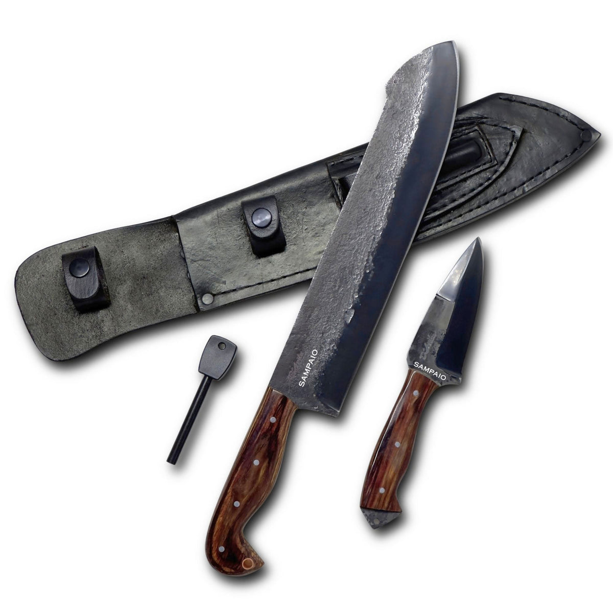 Conjunto Sampaio Facão 12'' e Faca 4'' em Aço Carbono, Cabo em Madeira com Pederneira, Brut Fosfatizado