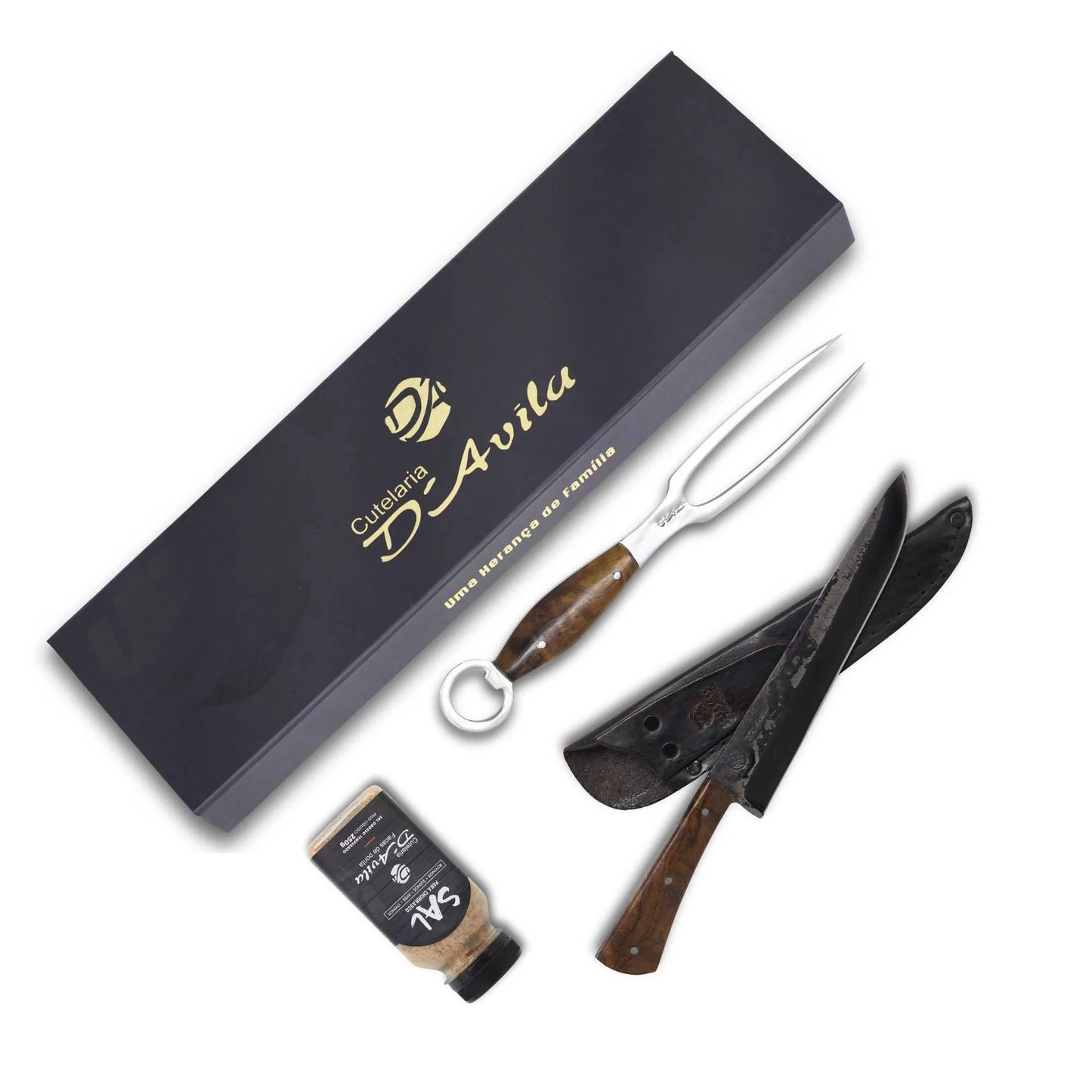 Conjunto Churrasco 8'' em Aço Carbono, Cabo em madeira, Faca Florão, Garfo e Sal, BrutforjFosfatizado