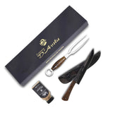 Conjunto Churrasco 8'' em Aço Carbono, Cabo em madeira, Faca Florão, Garfo e Sal, BrutforjFosfatizado