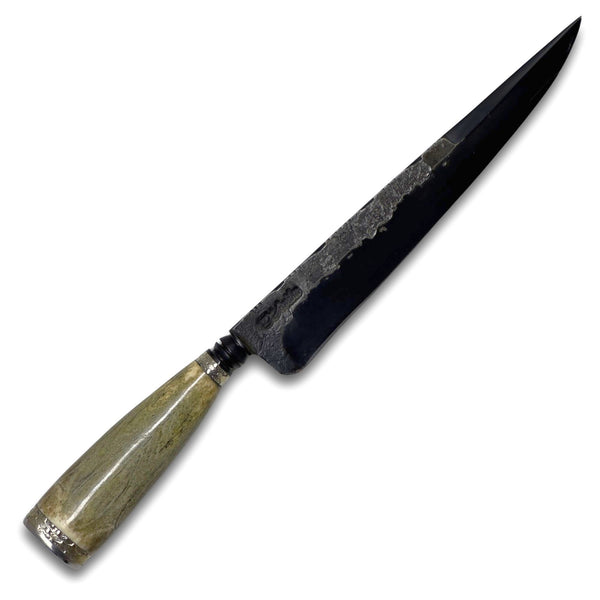 Faca Churrasco torneada 8", aço carbono, cabo em osso, brutforj fosfatizado