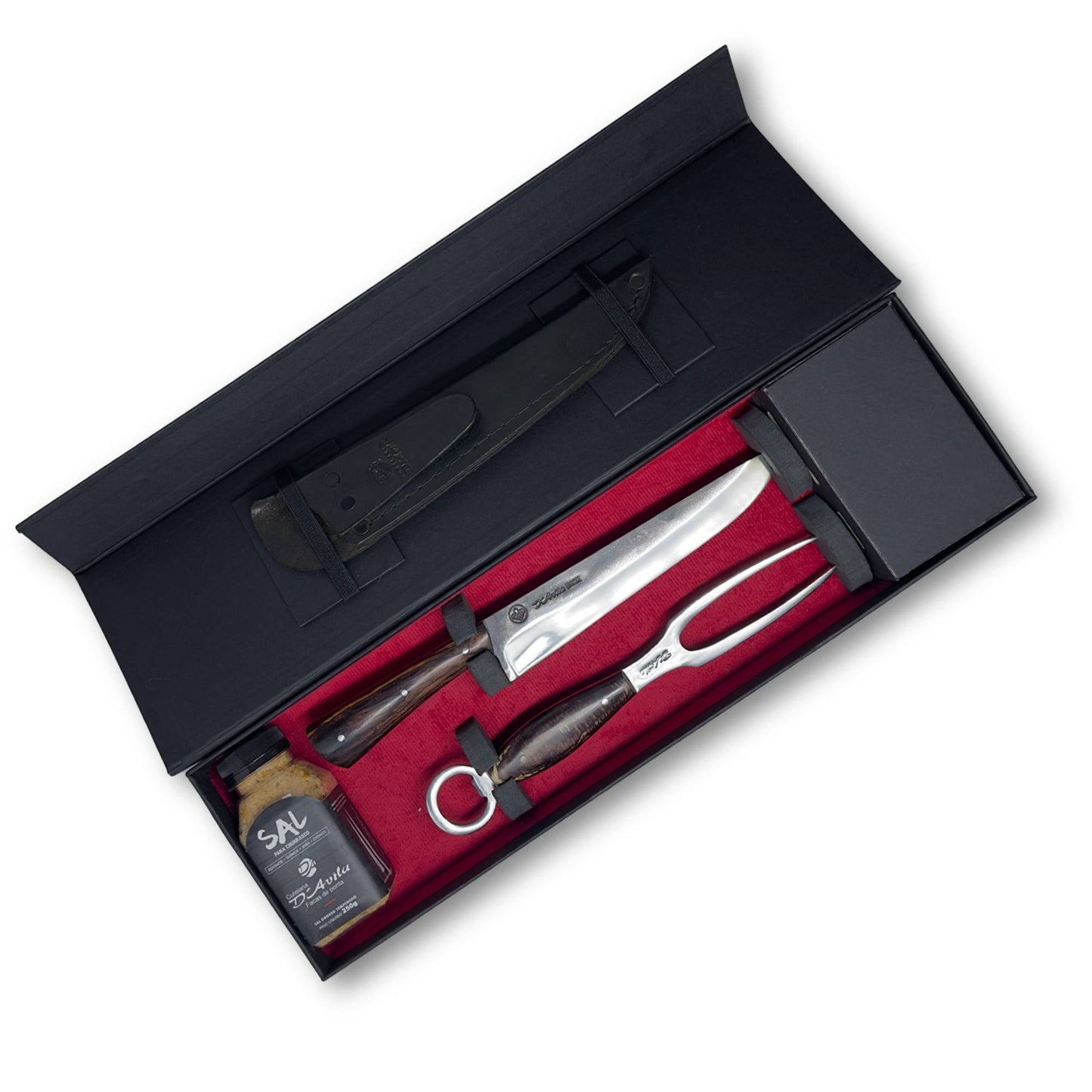 Conjunto Churrasco 8'' em Aço Inox, Cabo em madeira, Faca Florão, Garfo e Sal, BrutforjPolido