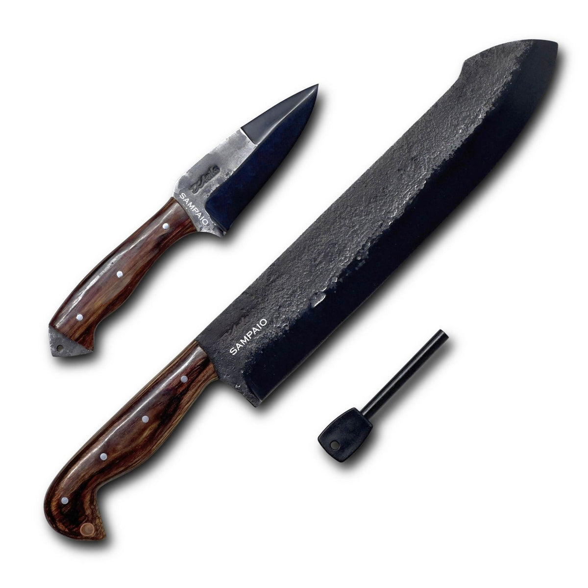 Conjunto Sampaio Facão 12'' e Faca 4'' em Aço Carbono, Cabo em Madeira com Pederneira, Brut Fosfatizado