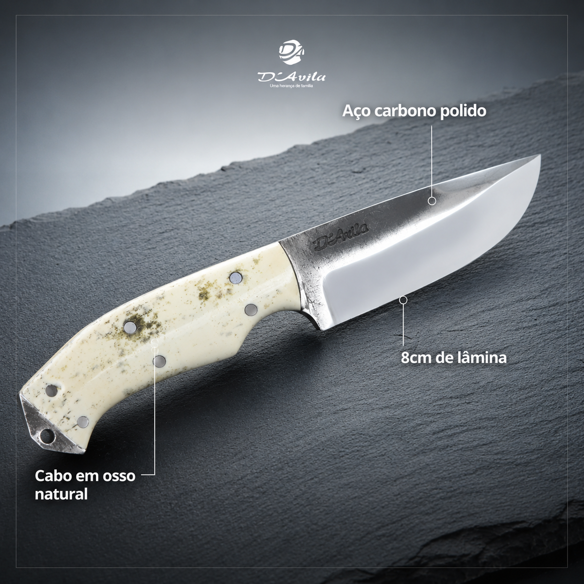 Faca EDC M 3" em Aço Carbono, Cabo em osso, Brutforj Polido, Bainha transversal
