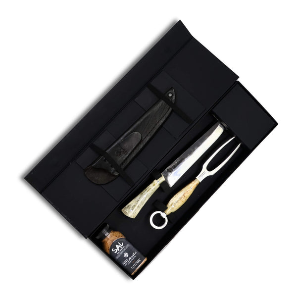 Conjunto Churrasco 8'' em Aço Inox, Cabo em Osso, Faca Florão, Garfo e Sal, BrutforjPolido