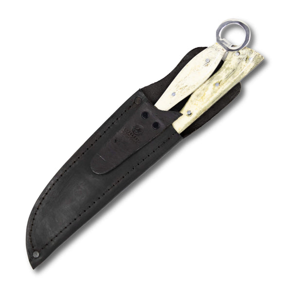 Conjunto Garfo Trinchante P e Faca Churrasco 8" em aço carbono, cabo em osso, brutforj fosfatizado