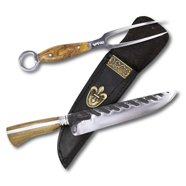 Conjunto Garfo Trinchante P e Faca Churrasco 8" Invertida em aço carbono Tratorado, cabo em madeira nobre.