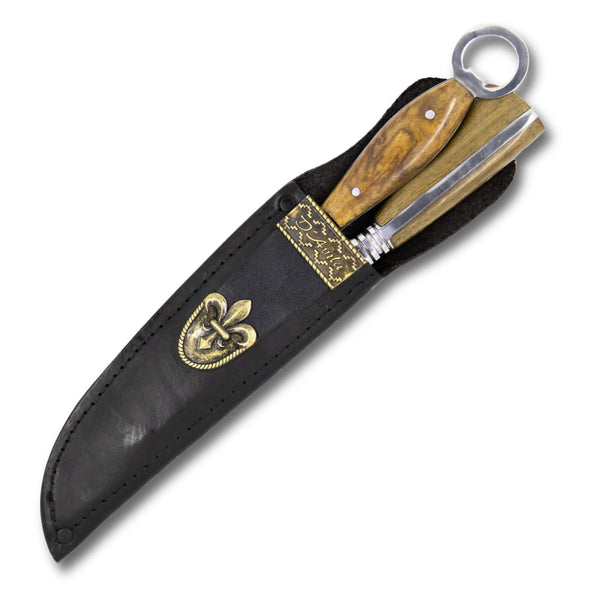 Conjunto Garfo Trinchante P e Faca Churrasco 8" Invertida em aço carbono Tratorado, cabo em madeira nobre.