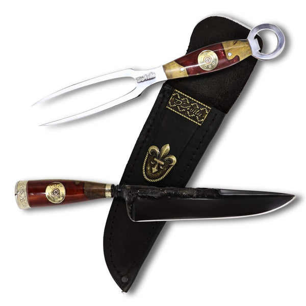 Conjunto Garfo Trinchante P e Faca Churrasco Torneada 8" em aço carbono Brut Forj Fosfatizado, cabo híbrido.