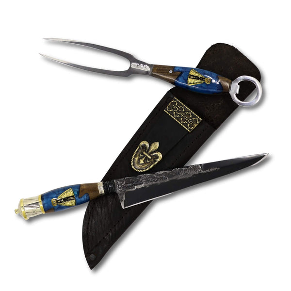 Conjunto Garfo Trinchante P e Faca Churrasco Torneada Especial 8" em Aço Carbono Brut Forj Fosfatizado, cabo híbrido com Nossa Senhora.