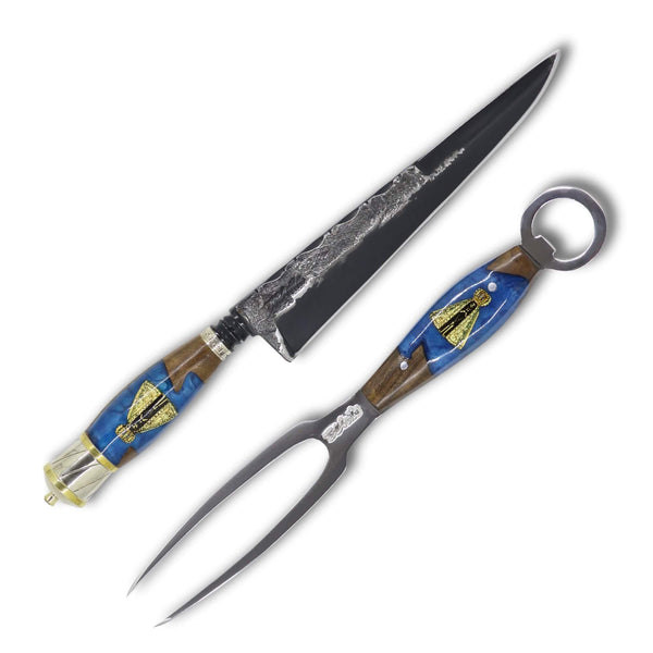 Conjunto Garfo Trinchante P e Faca Churrasco Torneada Especial 8" em Aço Carbono Brut Forj Fosfatizado, cabo híbrido com Nossa Senhora.