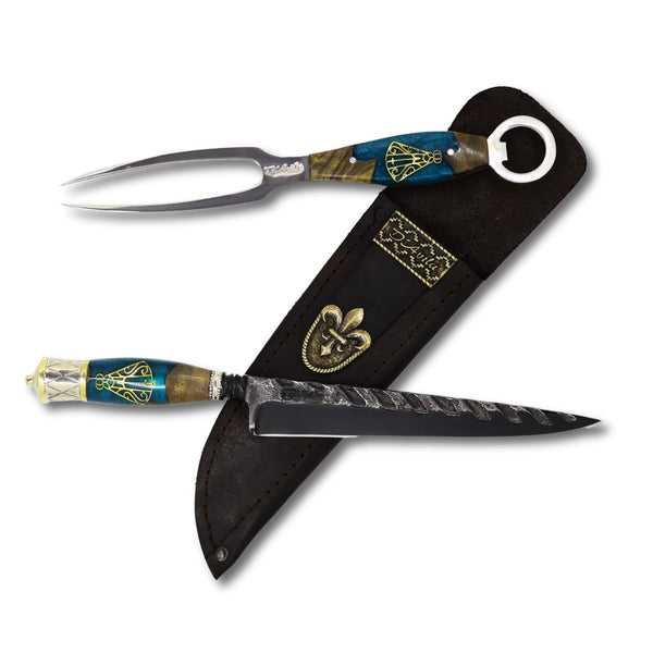 Conjunto Garfo Trinchante P e Faca Churrasco Torneada Especial 8" em aço carbono Tratorado Fosfatizado, cabo híbrido com Nossa Senhora.