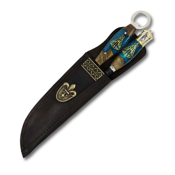 Conjunto Garfo Trinchante P e Faca Churrasco Torneada Especial 8" em aço carbono Tratorado Fosfatizado, cabo híbrido com Nossa Senhora.