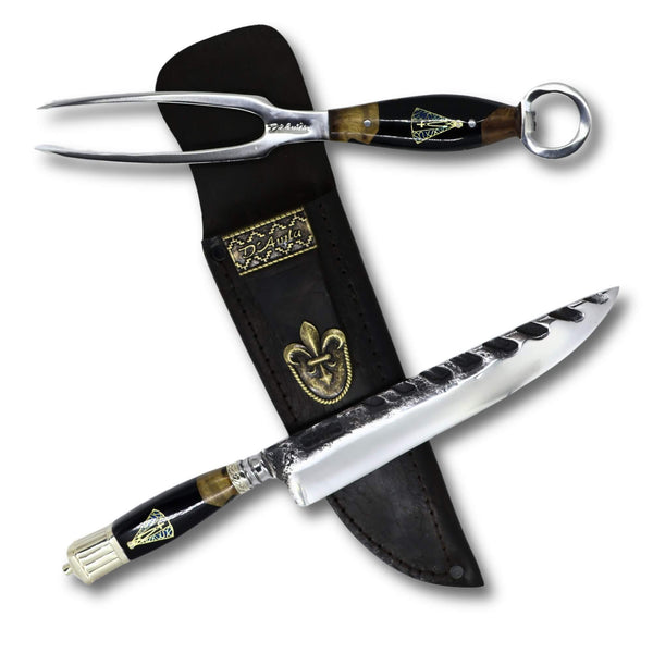 Conjunto Garfo Trinchante P e Faca Churrasco Torneada Especial 8" em aço carbono Tratorado Polido, cabo híbrido com Nossa Senhora.