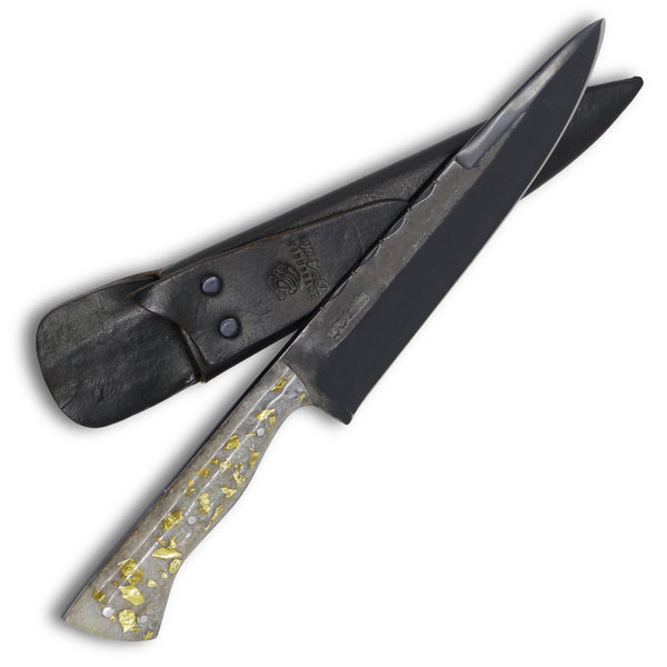 Faca Churrasco D'Avila 8" em aço carbono, cabo em resina branca com folhas de ouro, brut forj fosfatizado
