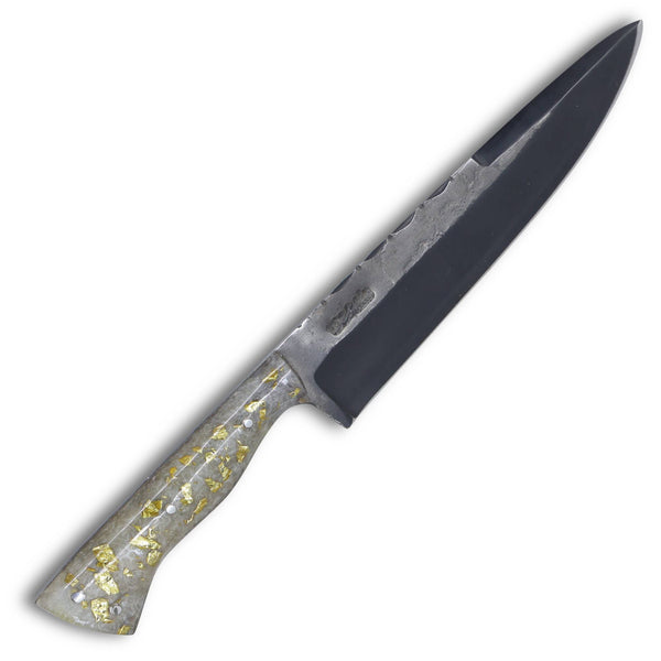 Faca Churrasco D'Avila 8" em aço carbono, cabo em resina branca com folhas de ouro, brut forj fosfatizado