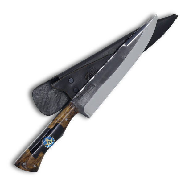 Faca Churrasco D'Avila 8" em Aço Inox, Cabo Híbrido em Madeira e Resina com Símbolo Maçom, BrutForj Polido