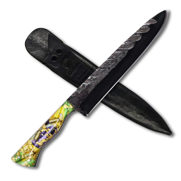 Faca Churrasco Patriota D'Avila 8" em aço carbono Tratorado Fosfatizado, cabo Resina com bandeira do Brasil e folhas de Ouro.