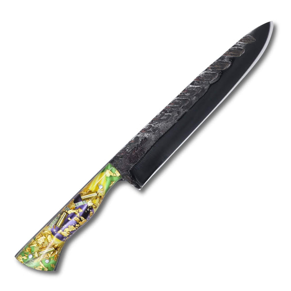 Faca Churrasco Patriota D'Avila 8" em aço carbono Tratorado Fosfatizado, cabo Resina com bandeira do Brasil e folhas de Ouro.