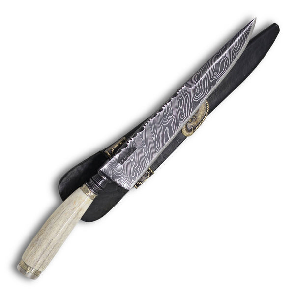 Faca Churrasco Torneada 8'' Aço Damasco, Cabo em Osso Fossilizado