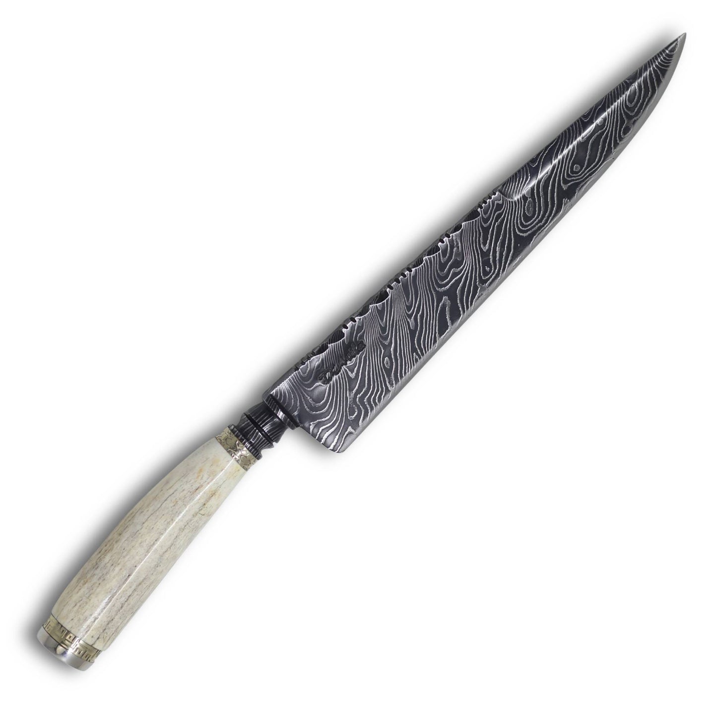 Faca Churrasco Torneada 8'' Aço Damasco, Cabo em Osso Fossilizado