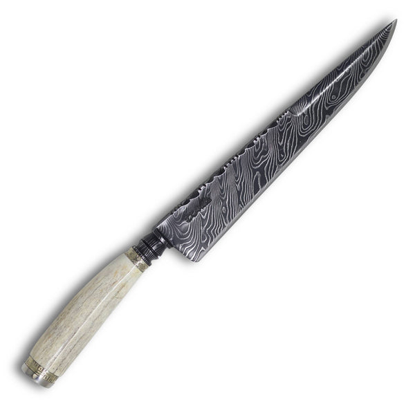 Faca Churrasco Torneada 8'' Aço Damasco, Cabo em Osso Fossilizado