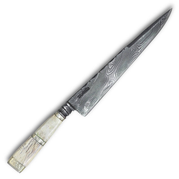 Faca Churrasco com Cabo Torneado em osso com Anel no meio 8'' em aço damasco