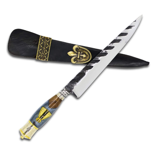 Faca Churrasco Torneada Especial 8" em aço carbono, cabo híbrido com Nossa Senhora, tratorado polido