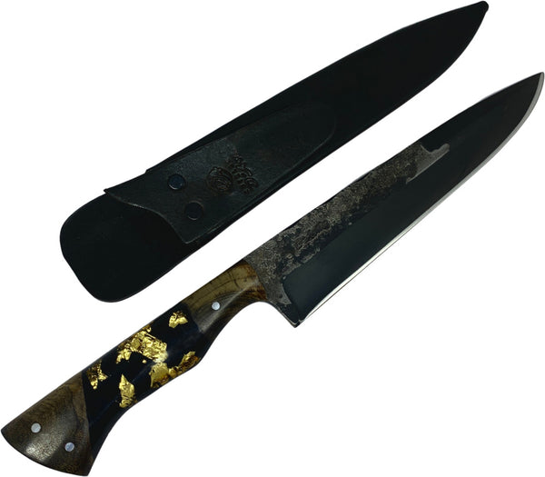 Faca Churrasco D'Avila 8" em aço carbono, cabo híbrido em madeira e resina preta com folhas de ouro, brut forj fosfatizado