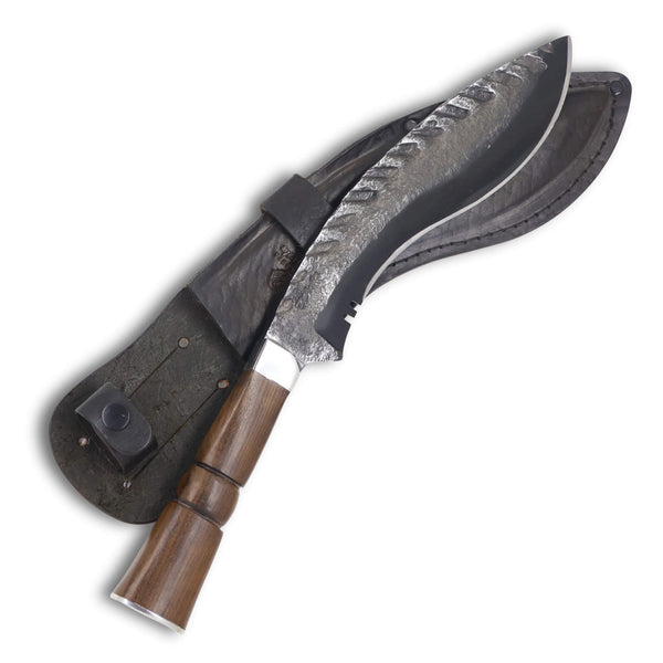 Faca Kukri 9" em Aço Carbono, Cabo Torneado em Madeira, BrutForj Fosfatizado