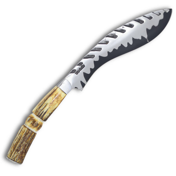Faca Kukri 9" em Aço san mai, Cabo em chifre de cervo queimado, tratorado
