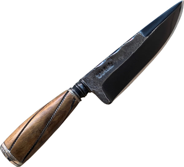 Faca Churrasco Retovada 6'' em Aço Carbono, Cabo em Madeira, BrutForj Fosfatizado