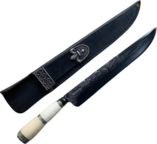 Faca Churrasco torneada 10", Aço Carbono, Cabo em Osso com Anel, BrutForj Fosfatizado