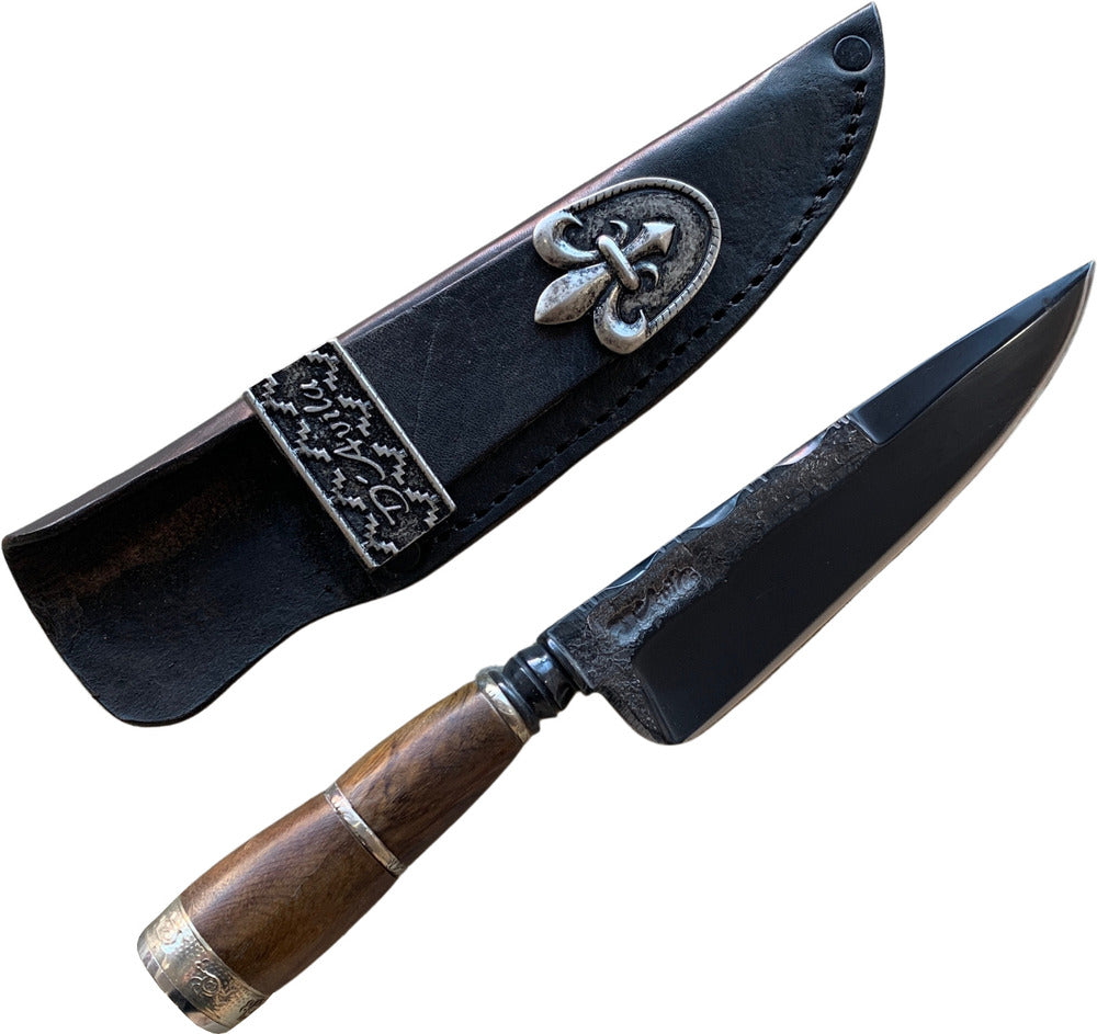 Faca Churrasco Torneada 6" em Aço Carbono, Cabo em Madeira com Anel, BrutForj Fosfatizado