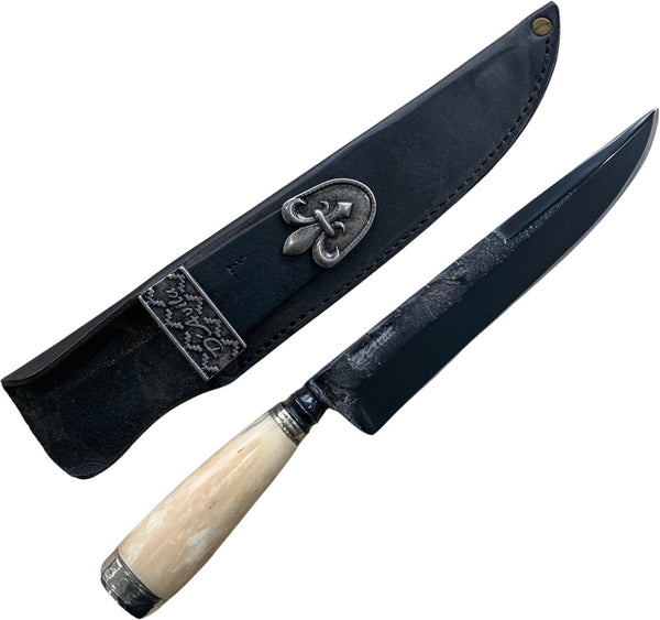 Faca Churrasco torneada 8", aço carbono, cabo em osso, brutforj fosfatizado