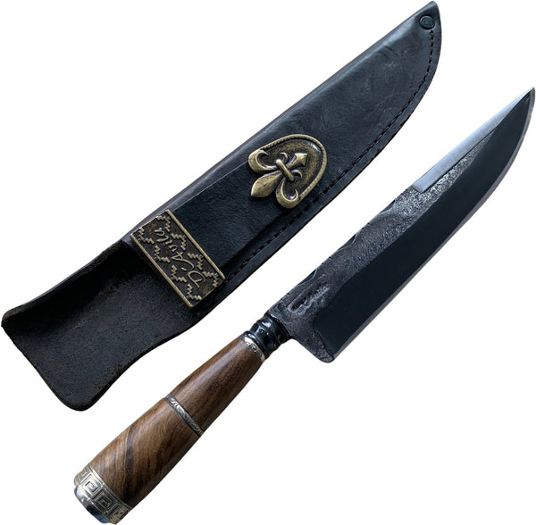 Faca Churrasco Torneada 8" em aço carbono, cabo em madeira com anel no meio, brutforj fosfatizado