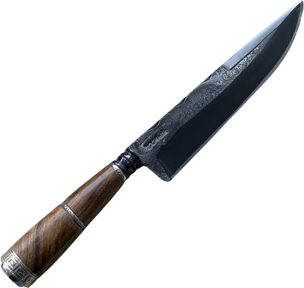 Faca Churrasco Torneada 8" em aço carbono, cabo em madeira com anel no meio, brutforj fosfatizado