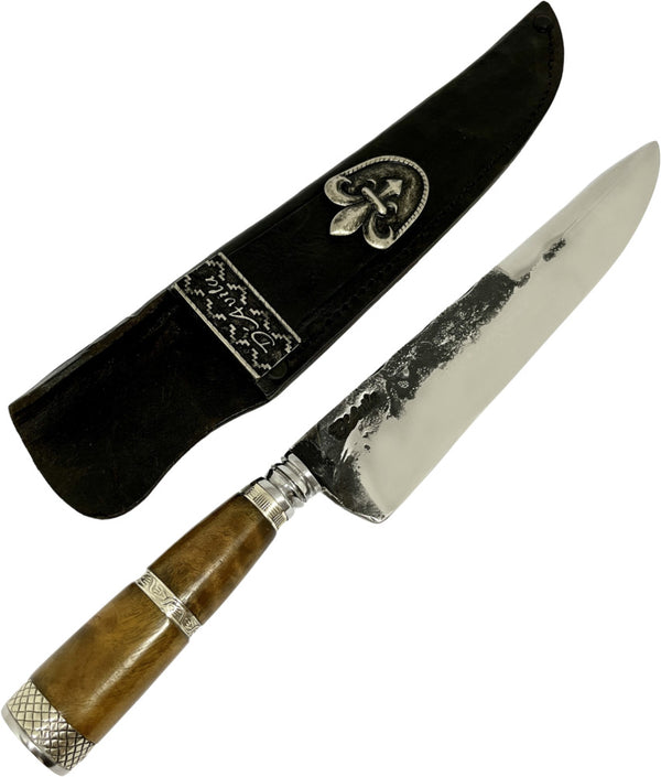 Faca Churrasco  Torneada 8" em aço carbono, cabo em madeira com anel no meio, brutforj polido
