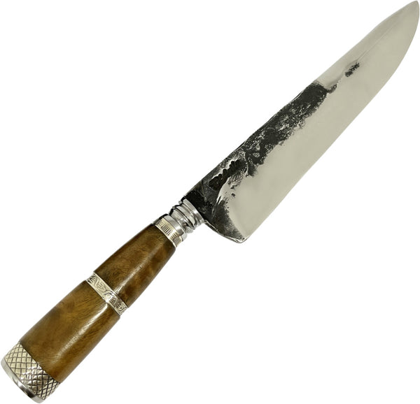 Faca Churrasco  Torneada 8" em aço carbono, cabo em madeira com anel no meio, brutforj polido