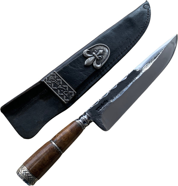 Faca Churrasco Torneada 8" em aço carbono brutforj polido, cabo em madeira com anel no meio