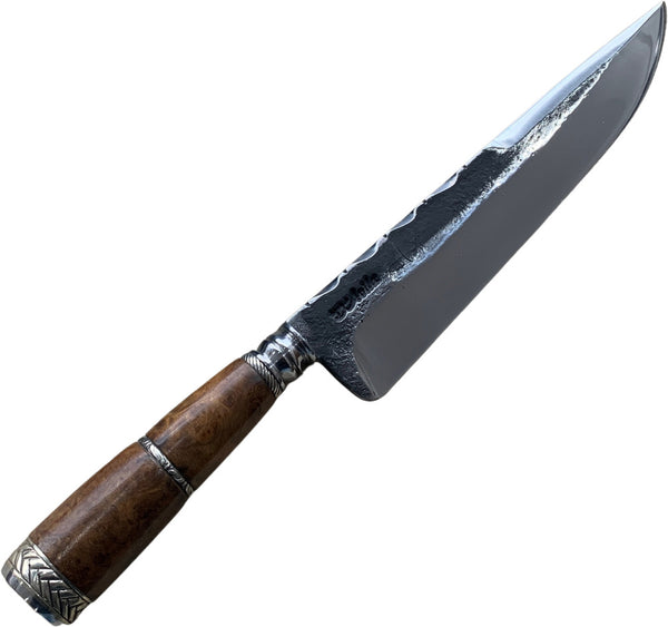 Faca Churrasco Torneada 8" em aço carbono brutforj polido, cabo em madeira com anel no meio