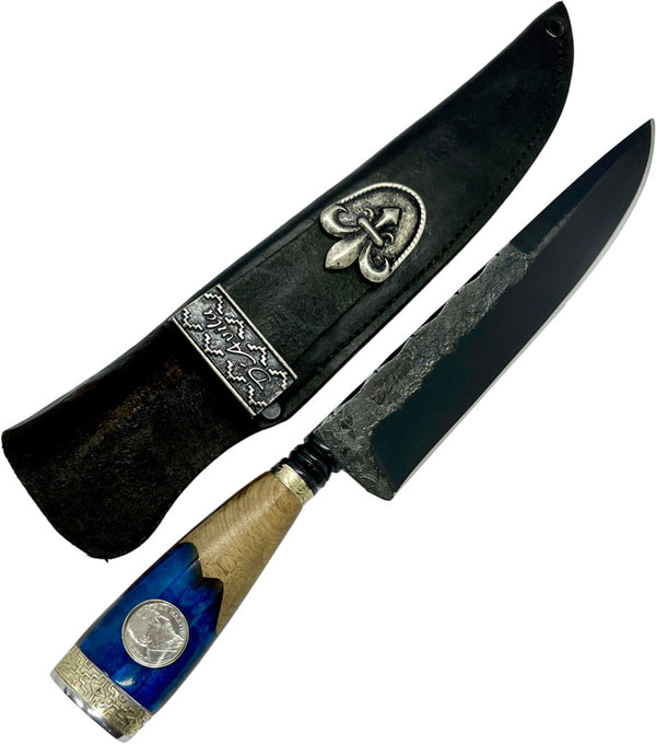 Faca Churrasco Torneada 8" em aço carbono, cabo híbrido em madeira e resina azul com moeda, brutforj fosfatizado