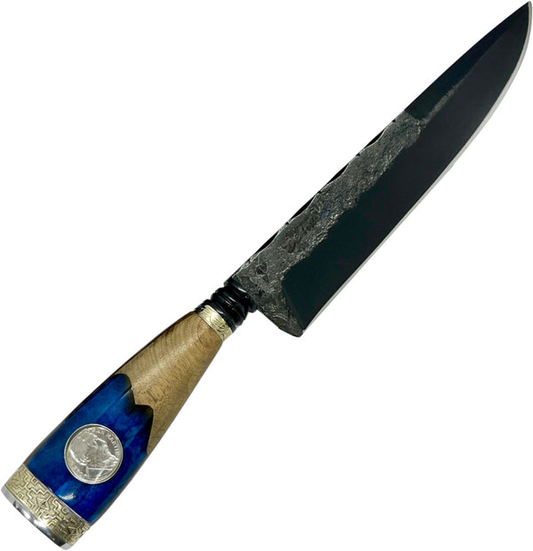 Faca Churrasco Torneada 8" em aço carbono, cabo híbrido em madeira e resina azul com moeda, brutforj fosfatizado