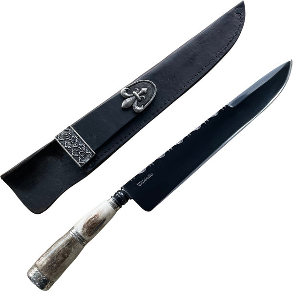Faca Churrasco torneada 10'' em Aço Carbono, em Osso Fossilizado, com Anel, BrutForj Fosfatizado