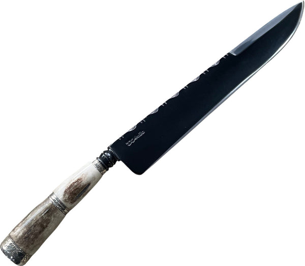 Faca Churrasco torneada 10'' em Aço Carbono, em Osso Fossilizado, com Anel, BrutForj Fosfatizado