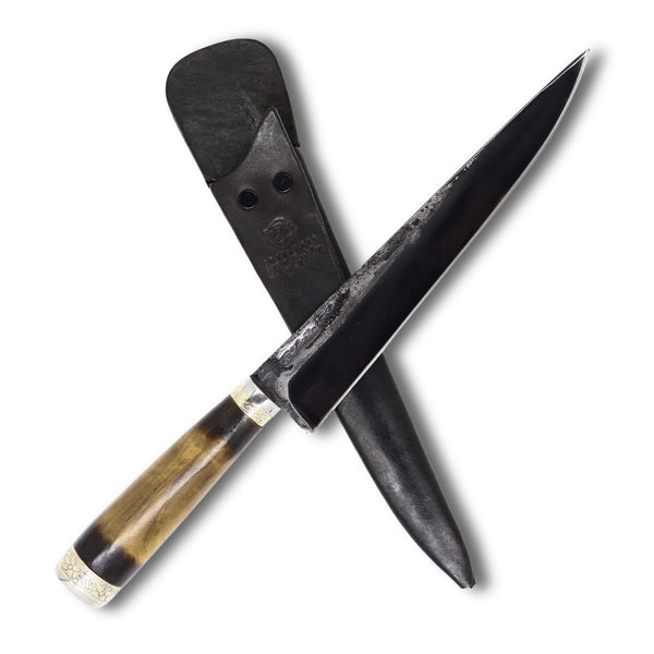Faca Tradicional Gaúcha Torneada em aço carbono 8" Brut Forj Fosfatizado, cabo em madeira queimada.